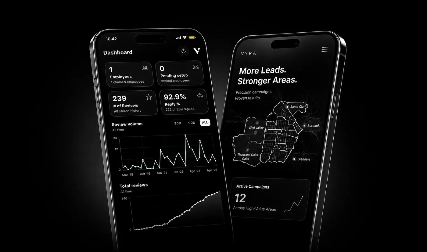 Vyra Reviews mobile dashboard and home-services campaign interface